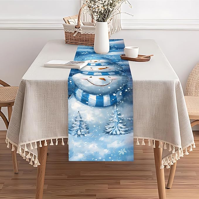 Christmas Snowman Table Runner for Dining Table, Winter Holiday Party Decor, Blue Snowflake Printed Long Tablecloth Runner for Kitchen, Christmas Dinner, Home Decoration, Holiday Table Setting