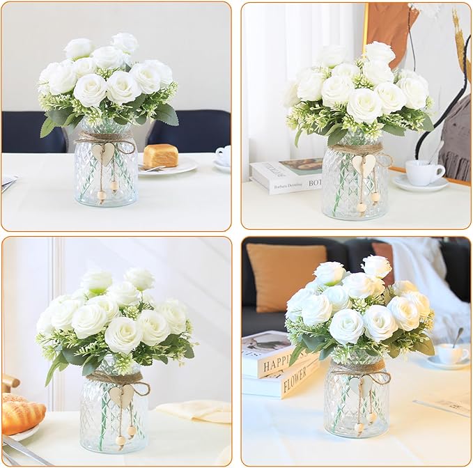 Fake Flowers in Vase,Fake Flowers with Vase 18 Pcs Faux Rose Flowers,Artificial Flowers for Home Decor, Indoor Centerpiece for Living Room & Dining Table (White)
