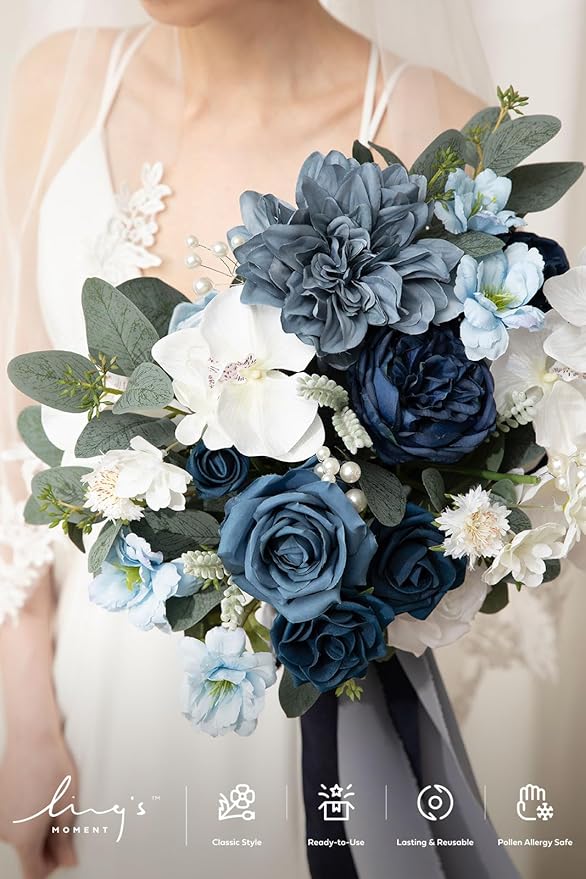 Ling's moment Navy Blue Bridal Bouquet, 13 Inch Wedding Bouquets for Bride, Silk Free Form Bridal Bouquets for Wedding, Ceremony, Anniversary, etc.