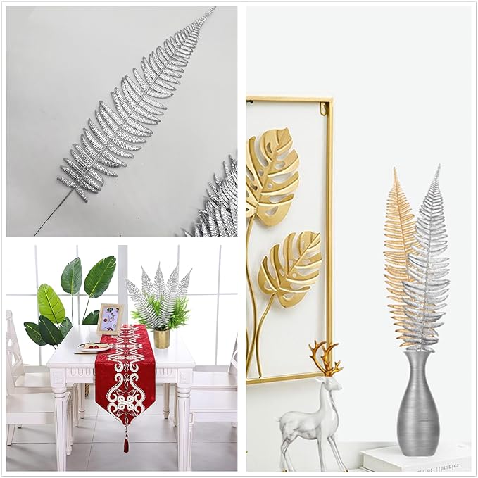 CATTREE Artificial Silver Plants Tall Fern Leaves 23" 10 Pack, Fake Boston Ferns Plant Decorations Plastic Faux Foliage Shrubs Large Leaf for Party Wedding Table Centerpiece Bouquet DIY Silvery Décor