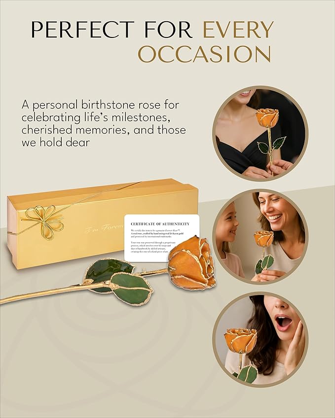 Forever Rose Hand-Dipped in 24K Gold,Golden Topaz-Inspired November Birthstone with Sparkles, Real Rose in Luxury Gold Gift Box – Perfect Ready to Gift for November Birthday or Any Occasion