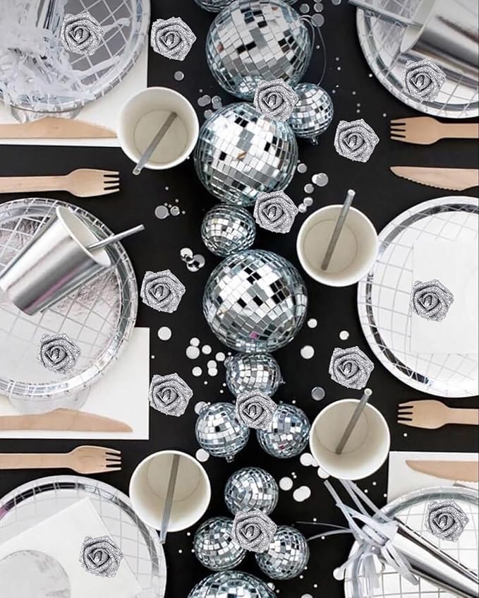 IPOPU Silver Roses,25PCS Glitter Roses Bouquet Fake Flowers with Crystal for Cake Wedding Bouquet Home Party Decoration(Silver)