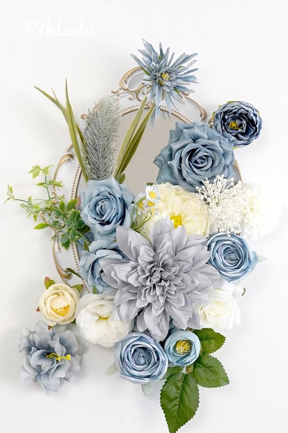 Artificial Flower Combination Box Set Artificial Flower Loose Leaves and Stems DIY Wedding Center Bouquet Bride Wedding Baby Shower(Grey White Blue)