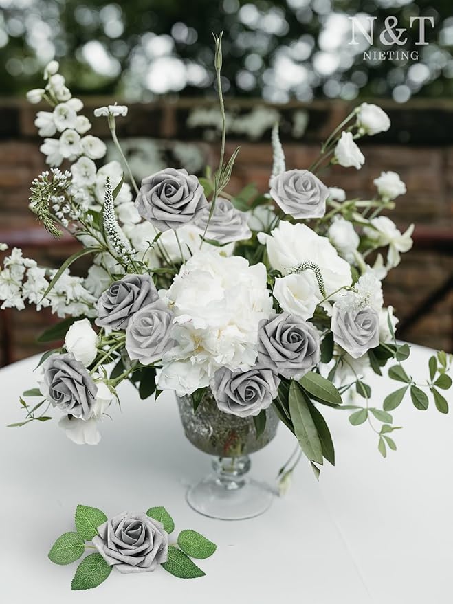 N&T NIETING Artificial Flowers, 25pcs Fake Flowers with Stems for Cake Decoration DIY Wedding Party Baby Shower Decoration, Silver White and Silver Grey