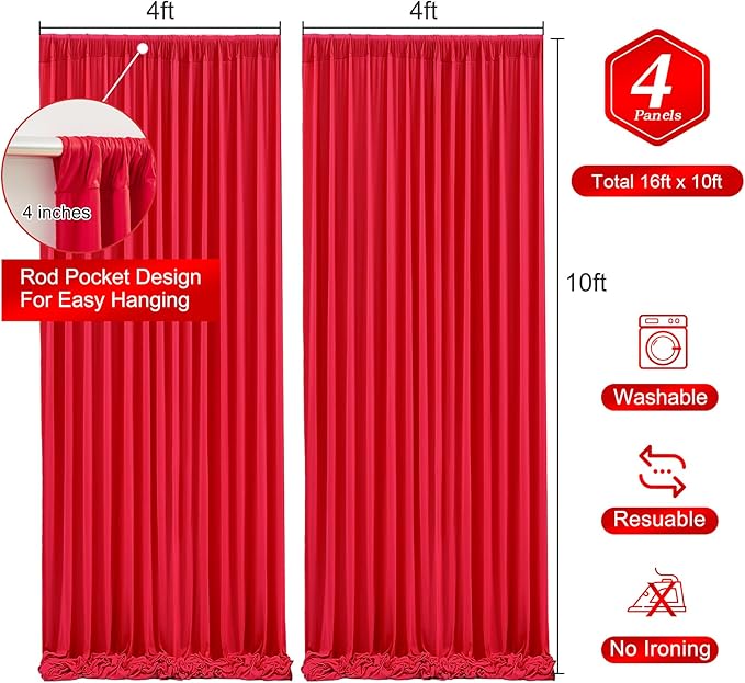 Red Backdrop Curtains 4 Panels-Wrinkle-Free Polyester Photography Drapes Party Photo Backgrounds for Wedding Christmas Photo Backdrops- 16 X10FT (Red)