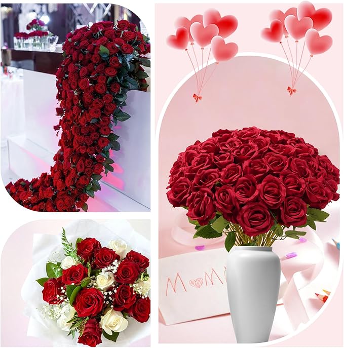 Red Roses Artificial Flowers Bulk, 52Pcs Fake Roses Flower Arrangement, DIY Silk Flowers Roses Bouquet, Realistic Faux Artificial Roses for Mother's Day Home Table Decor