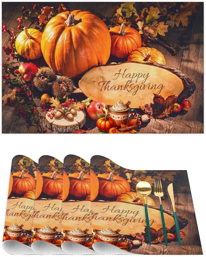 Thanksgiving Holiday Modern Pumpkins Placemats Set of 1 PVC Vinyl Non Slip Table Mats Heat Resistant Place Mats Washable Wipeable Dining Table Mat for Kitchen Party Indoor Outdoor Decorative Gift