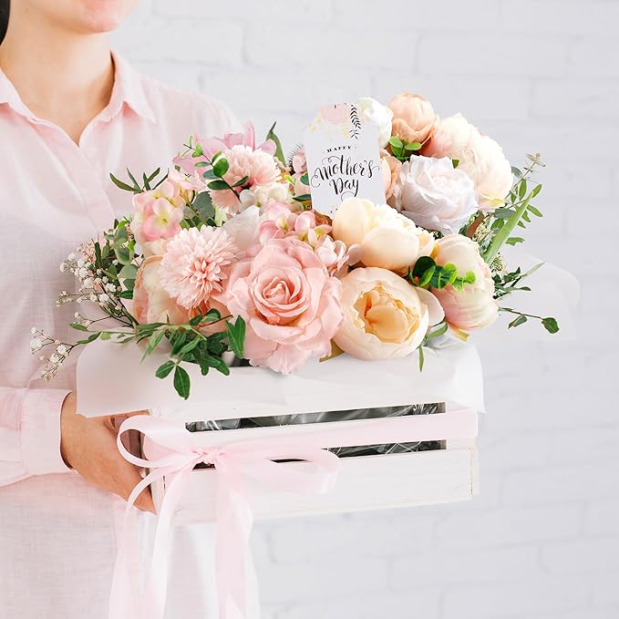 Artificial Flowers, Fake Peony Flower Combo Box Set, Silk Flowers with Wire Stem for DIY Wedding Bridal Bouquet Shower Party Home Décor (Pink)