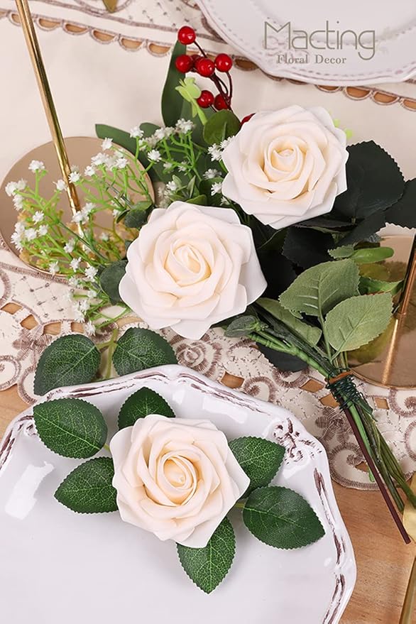 MACTING Artificial Flower Roses 30PCS Real Touch Fake Flowers with Stem Foam Roses for DIY Wedding Bouquet Table Centerpieces Bridal Shower Party Home Spring Valentines Day Decorations (Cream)