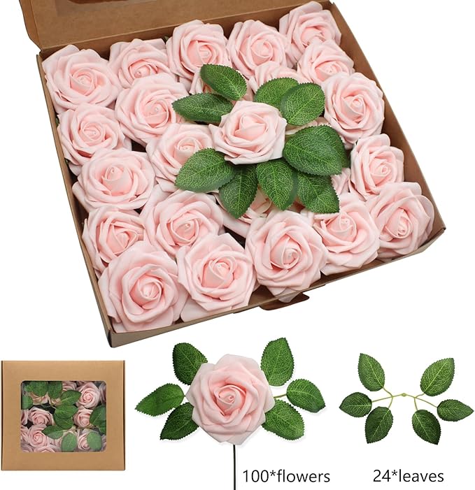 Light Pink Artificial Roses Flowers 100pcs Real Looking Foam Fake Roses with Stems for DIY Wedding Bouquets Bridal Shower Centerpieces Party Decorations (100, Light Pink)