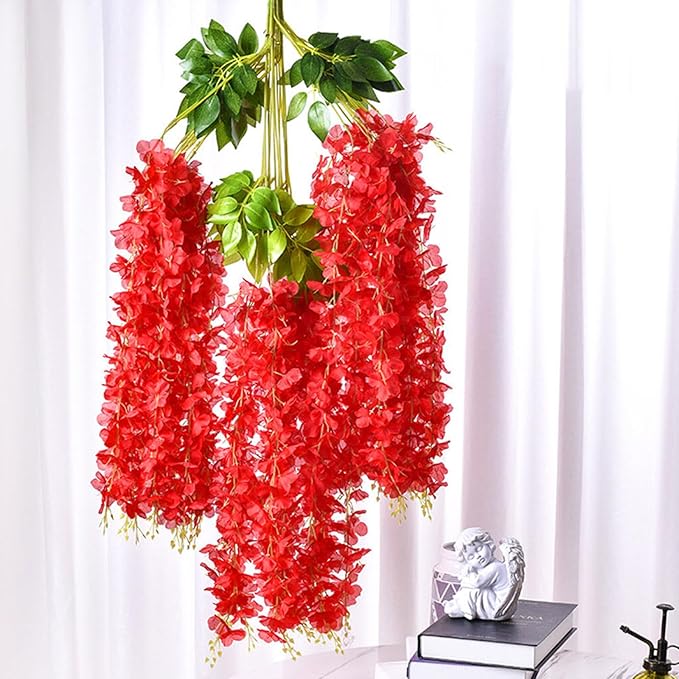 24 Pack Red Wisteria Hanging Flowers Garland, 3.77 Feet Artificial Flower Vines, Fake Wisteria, Artificial Vines Hanging Garland for Backdrop Outdoor Yard Garden Decor