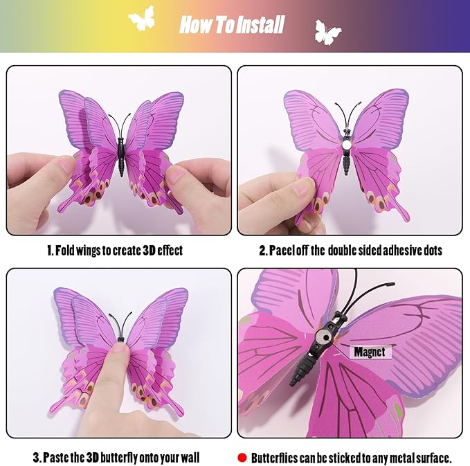 SAOROPEB 3D Butterfly Wall Decor, 24 Pcs Double Layer Butterfly Decorations for Party Decorations Locker Decor Refrigerator Decal, Reusable (Purple)