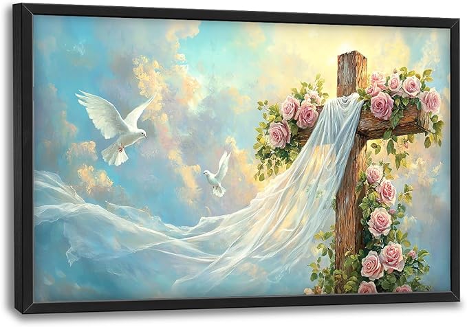 Christian Cross Large Wall Art Religious Faith Hope Pictures Wall Decor Dove Flowers Heaven Canvas Painting Prints Framed Artwork Home Church Decorations for Prayer Bedroom Living Room 36"x24"