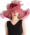 Organza Derby Hats for Women Wide Brim Fascinator Hat Rose Flower Wedding Tea Party Hat