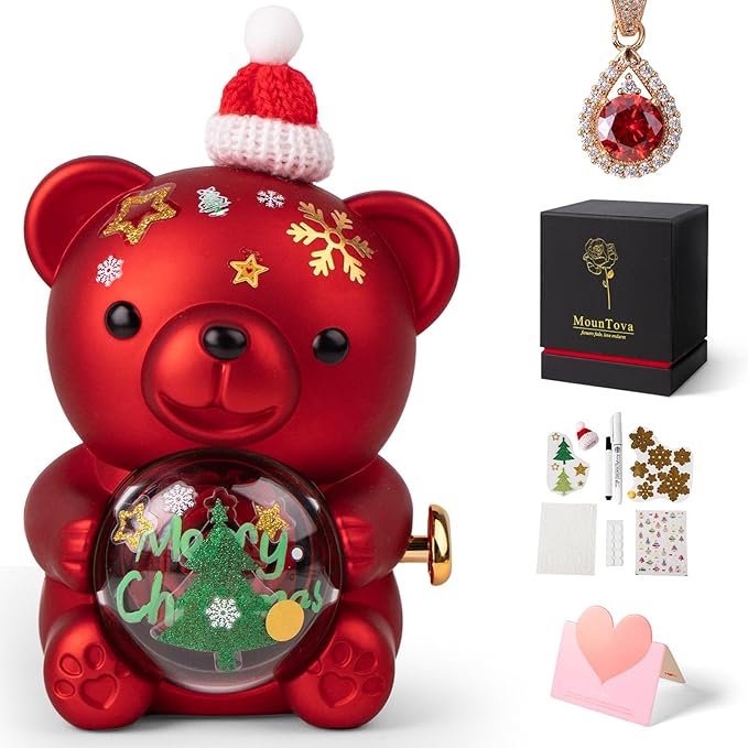 Christmas Teddy Bear with Preserved Rose, DIY Bear Roses Gift Set with Hidden Jewelry Box, Santa Hat & Stickers, for Women, Girlfriend, Wife, Forever Eternal Rose Flower Decor