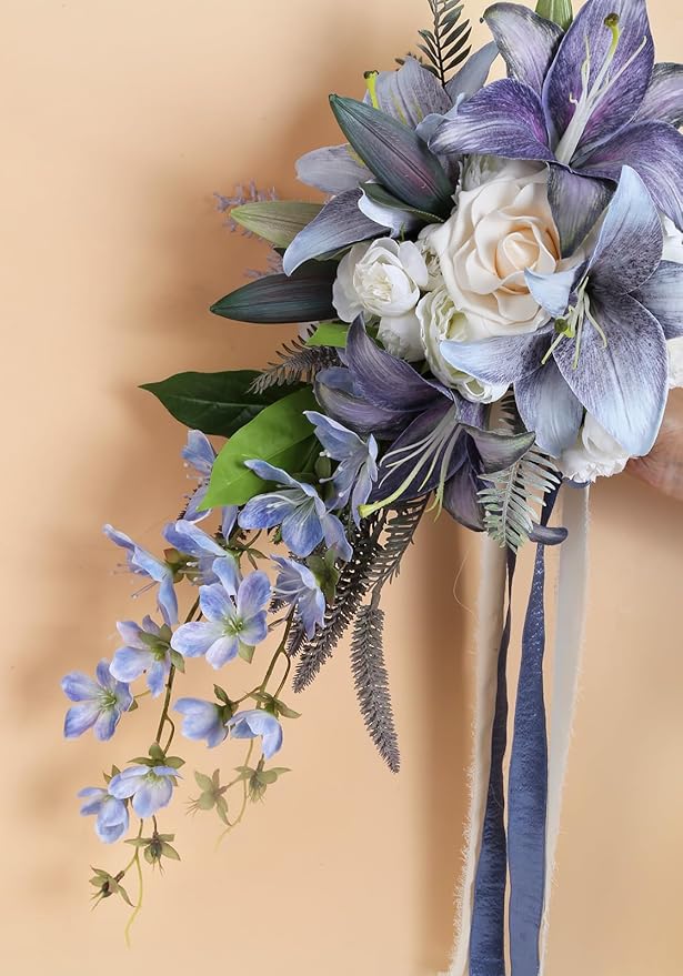 Bridal Bouquet,12 Inch Cascading Wedding Bouquets Bride Bouquets for Wedding Ceremony and Anniversary(Blue)