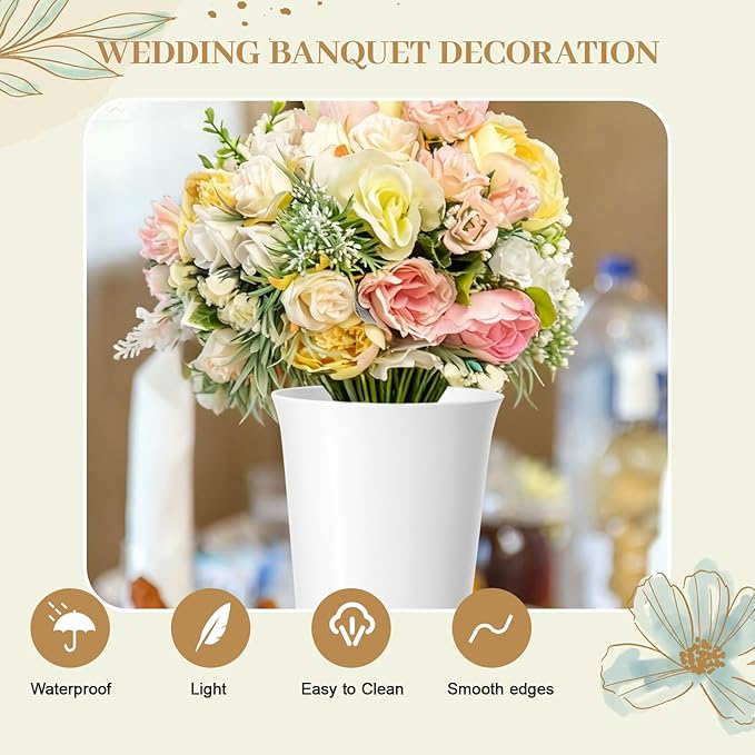 24 Pack Flower Buckets 9.84 Inch Plastic Flower Vases, Decorative Flower Buckets for Flower Bar, Modern Round Vases for Centerpieces Floral Display, Table Home Wedding Decorations (White)