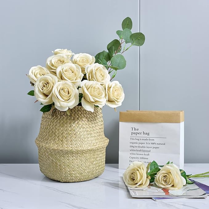 12pcs Roses Artificial Flowers Fake Rose Beige Silk Roses Tan Silk Flowers Rose with Long Stems for Wedding Home Party Centerpieces Decorations