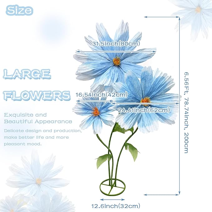 Giant Blue Daisy Artificial Flowers Decorations, Large Paper Flower Bouquets Decor No-Wilting, 3Pcs Artificial Flowers Season Decoration Wedding Mother's Day Flower Wall Arrangements Home Decor Props
