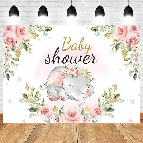 10x6.5ft Elephant Baby Shower Backdrop for Girl Pink Flowers Photography Background Newborn Girls Birthday Banner Decorations Sweet Princess Baby Party Portrait Photo Booth Prop