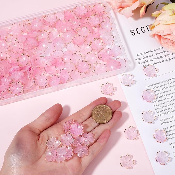 SUNNYCLUE 1 Box 200pcs Flower Bead Caps Floral Spacer Beads Pink Acrylic Cherry Blossom Sakuras Spring 5-Petal Gradient Flowers Bead Bulk for Jewelry Making Bracelets Necklaces Craft Supplies