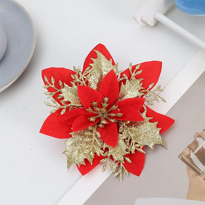 12 PCS Poinsettia Flower Artificial Red Gold Christmas Flowers Artificial 5.5'' Glitter Poinsettias Artificial Christmas Tree Flower With Clips Diy Xmas Wreath Holiday New Year Home Party Decor