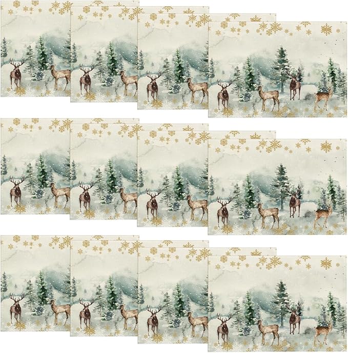 Artoid Mode Watercolor Deer Trees Snowflakes Christmas Placemats Set of 12, 12x18 Inch Seasonal Winter Table Mats for Party Kitchen Dining Decoration