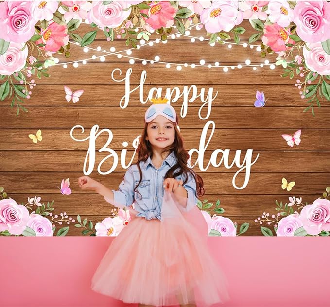 Happy Birthday Banner Rustic Wooden Butterfly Happy Birthday Backdrop for Women Girls Pink Floral Glitter Lights Decorations for Women's Party Adult Celebration Photography Background 5.9x3.6Ft