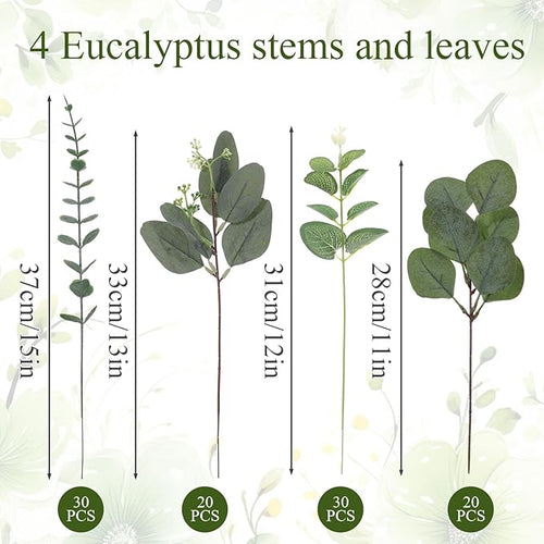 100pcs 4 Kinds Mixed Faux Eucalyptus Stems, Bulk Silver Dollar Artificial Eucalyptus Stems Green Faux Greenery Stems for Wedding Vase Bouquets Floral Arrangements