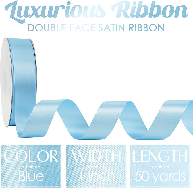 MEEDEE Blue Ribbon 1 Inch Light Blue Satin Ribbon Lux Double Faced Satin Ribbons by 50 Yards Polyester Blue Wrapping Ribbons for Crafts, Weddings, Flower Bouquet, Holiday Decorating