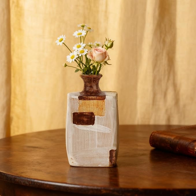 Ceramic Flower Vase Home Decor-6" Tall Vase for Centerpieces,Large Decorative Terracotta Vases, Farmhouse Rustic Pottery Vase for Home Decor Living Room, Table,Shelf or Mantel(Square)