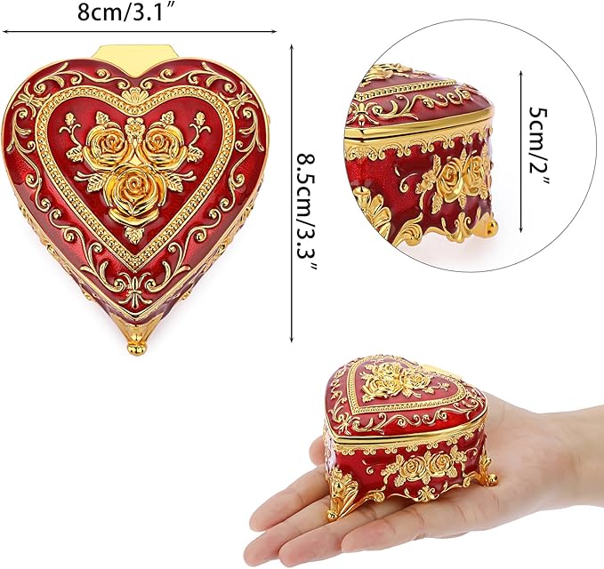 Hipiwe Heart Shape Jewelry Box Classic Metal Trinket Organizer Ring Storage Box with Rose Pattern Jewelry Storage Box for Ring Earrings Necklace, Gift for Women, Red