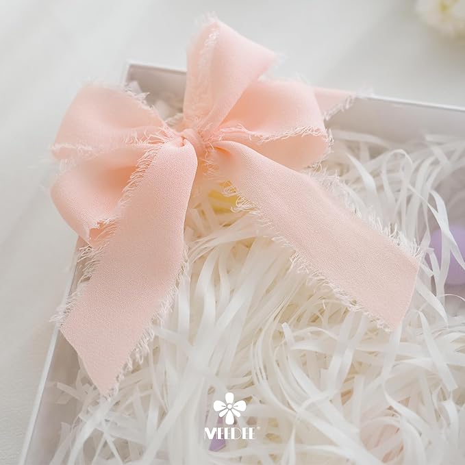 MEEDEE Blush Chiffon Ribbon 1 Inch Fringe Ribbon Pink Chiffon Silk Frayed Edge Ribbons Thin Chiffon Ribbons for Crafts, Gift Wrapping, Wedding Invitation (3 Rolls 21 Yards)