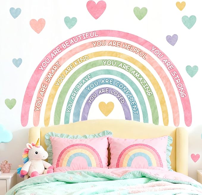 Large Rainbow Wall Stickers Kids Inspirational Wall Decal for Girl Bedroom Peel and Stick Watercolor Rainbow Wall Decals Pastel Pink You are Decor Vinyl Positive Art Murals for Baby Bedroom Playroom