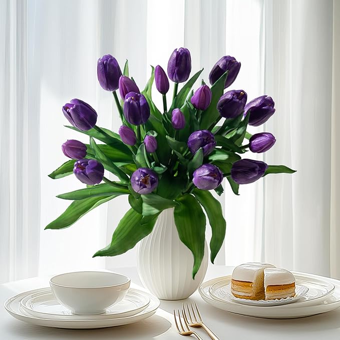 20PCS Fake Tulips Artificial Tulip Silk Flowers Fake PU Bouquet Artificial Flowers Faux Flowers with Gift Box Soft Faux Tulips Bouquets Arrangements for Party Wedding Home