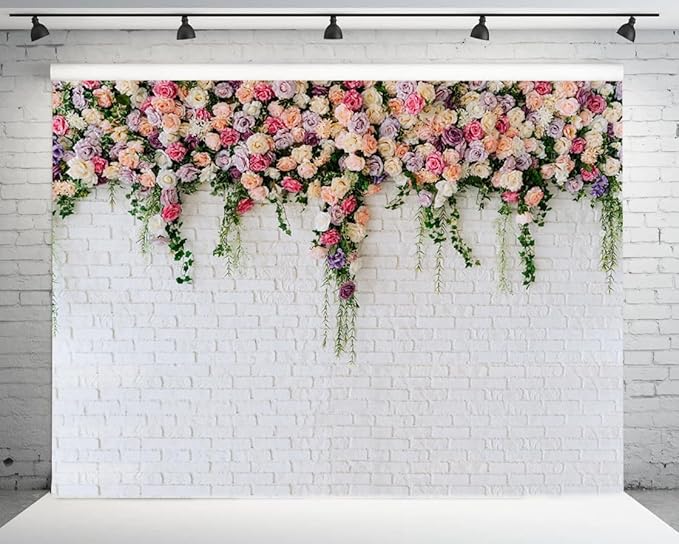 10X8FT White Brick with Flowers Backdrop Occasions Mother's Day Wedding Bridal Shower Birthday Party Banner Background Supplies DH-357
