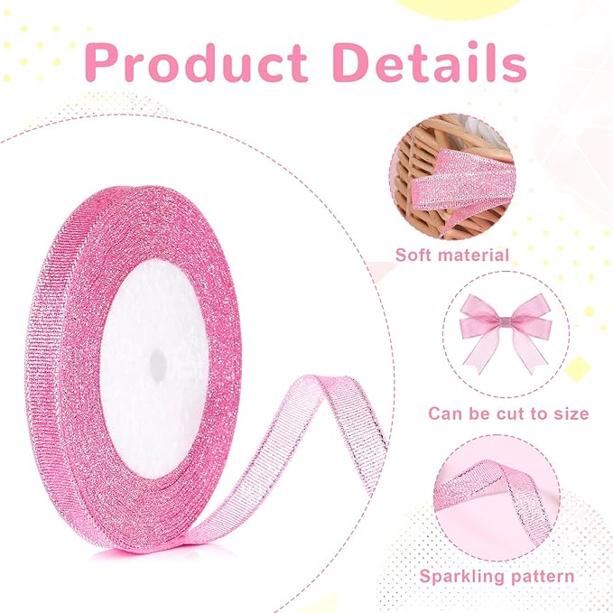 Pink and Silver Glitter Ribbon, 3/8 Inch x 24 Yards Long Sparkly Metallic Fabric Ribbons for Christmas Decorations, Gift Wrapping, Floral Bouquets Birthday, Wedding Party and DIY Crafts