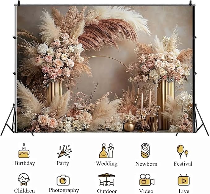 Boho Floral Wedding Backdrop Pampas Grass Flower Curtain Background Wedding Bridal Shower Anniversary Party Decoration Backdrop Newborn Baby Shower Pregnancy Photos Backdrop (9x6feet)