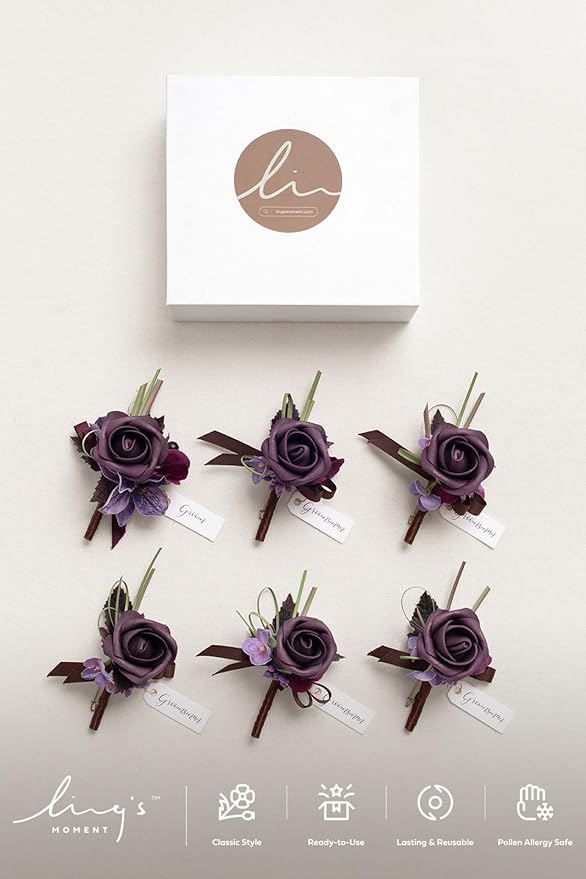 Ling's moment Boutonniere for Men, 6pcs Groom Groomsmen Boutonniere, Artificial Flowers for Wedding Decor/Prom/Homecoming, etc.Deep Purple