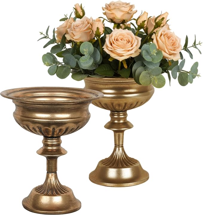 WORTH Small Urn Vases for Centerpieces Set of 2, Classic Metal Trumpet Flower Pots for Table, Bowl Vase for Wedding Party Event Home Deco (Golden, 7.8" Dia x 8.8" H)