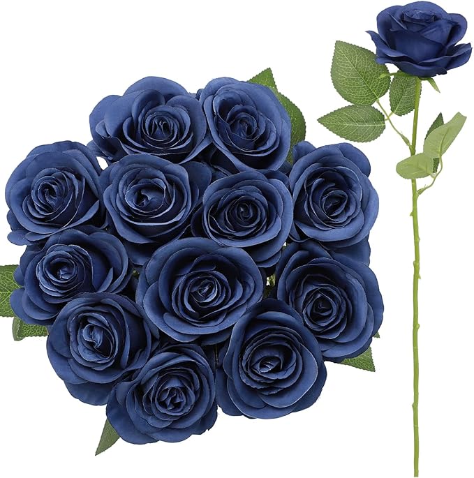 12pcs Roses Artificial Flowers Navy Blue Fake Roses Flowers with Long Stems Silk Flowers for Wedding Bouquet Centerpices Decorations Party Bridal Baby Shower Home Decor