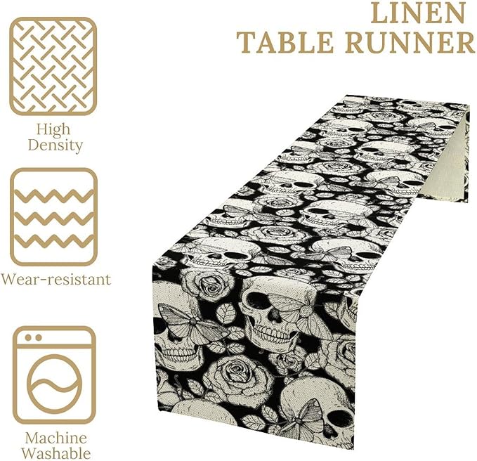 Gothic Table Runner,Black White Skeleton Flower Moth Print Table Runner for Home Kitchen Table Dining Garden Farmhouse Wedding Party Decor 13x108 Inch