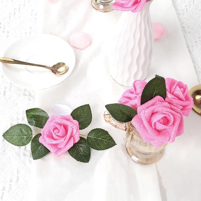 IPOPU Pink Glitter Roses,25PCS Fake Roses Sparkle Roses Bouquet Roses Artificial Flowers with Stems for Cake Wedding Bouquet Home Party Decoration(Dark Pink)