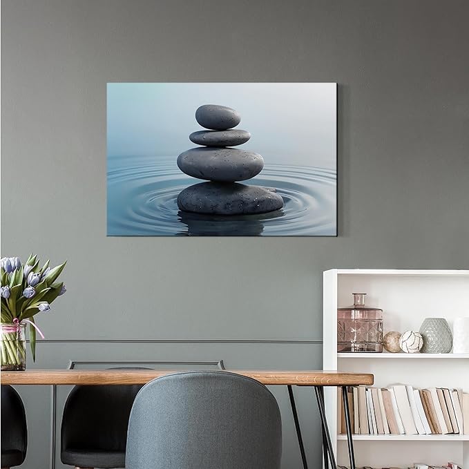 Zen wall art Harmonious grey stones stacked on a calm surface of water Serene Zen decor suitable for tranquil homes and spaces of meditation 8x12in Wood Framed
