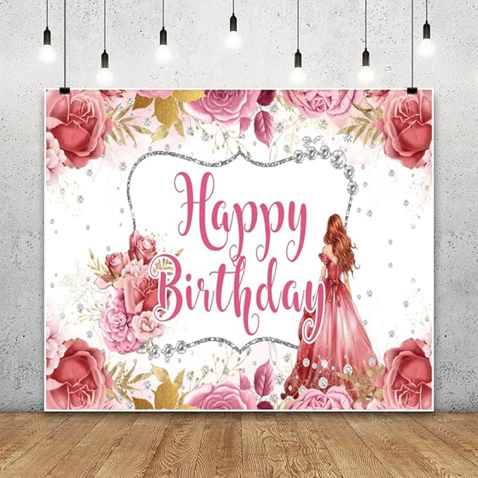 Princess Happy Birthday Backdrop 10x8ft Girls Watercolor Flower Floral Rose Diamond Decorations Photography Background Banner Photo Booth Studio