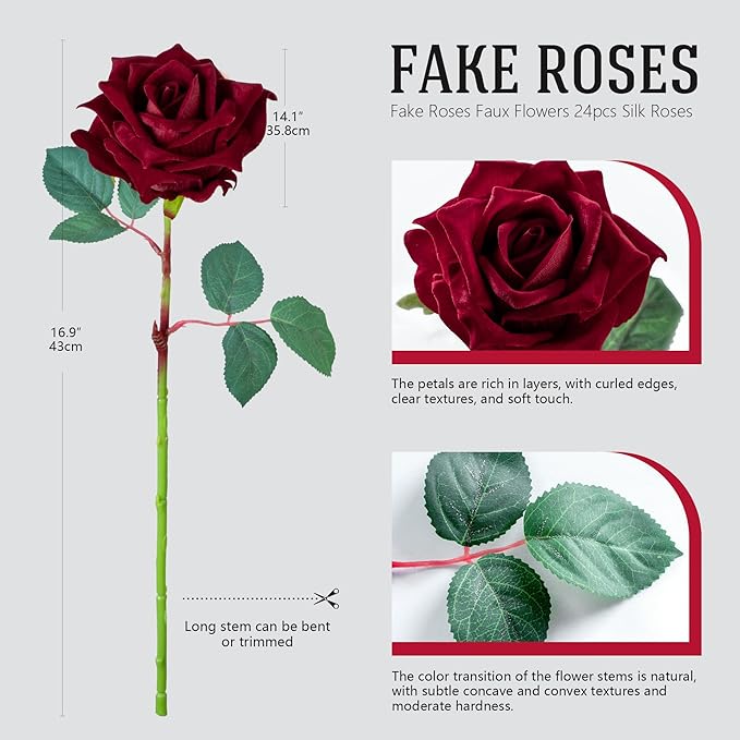 Fake Roses Faux Flowers Silk Roses Artificial Roses with Stems Realistic Artificial Flowers Suitable for Indoor Home Decoration DIY Bouquet Wedding Decor Party Decor 16.5In (24PCS, Red)