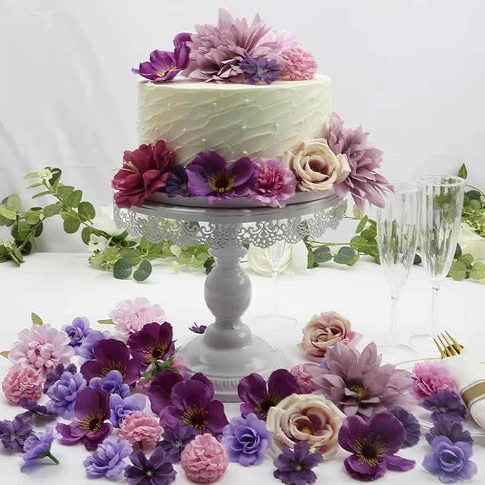 56 PCS Fake Flowers Heads Artificial Purple Silk Flower Heads Bulk Faux Mini Flowers for Cake Blossom Wreath Wedding Bridal Party DIY Home Decoration