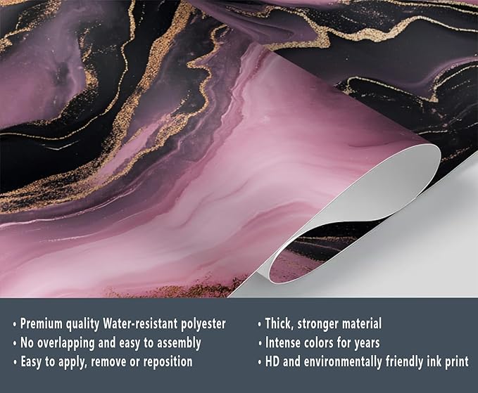 Pink Black Marble Wall Mural, Luxury Fluid Art 3D Wall Murals, Gold Vein Abstract Marble Wallpaper Mural, for Living Room Bedroom Large Wallpaper Indoor Decor 98.4" W x68.9 H
