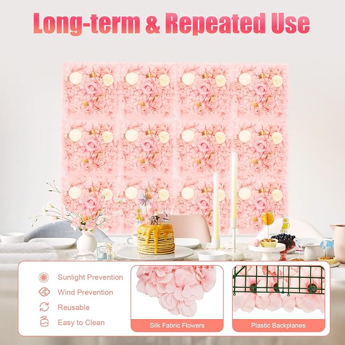 3D Flower Wall Panel Floral Backdrop,12Pack Artificial Flower Wall Background,Silk Rose Mat, Artificial Flower Backdrop Faux Flower Panel for Wedding