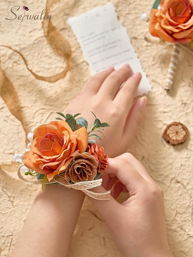 Serwalin Orange Corsage and Boutonniere Set, Boutonniere and Wrist Corsage Wristlet Prom Homecoming Wedding Flowers Accessories Prom Suit Decorations (Orange)